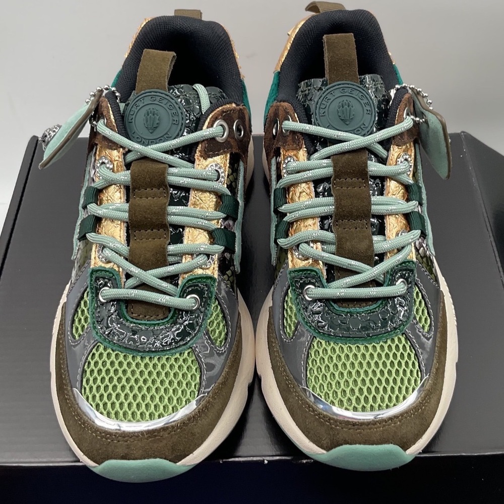 Kurt Geiger London Lettie Eagle Green Multi Chunky Sneakers Metallic Gold Accent